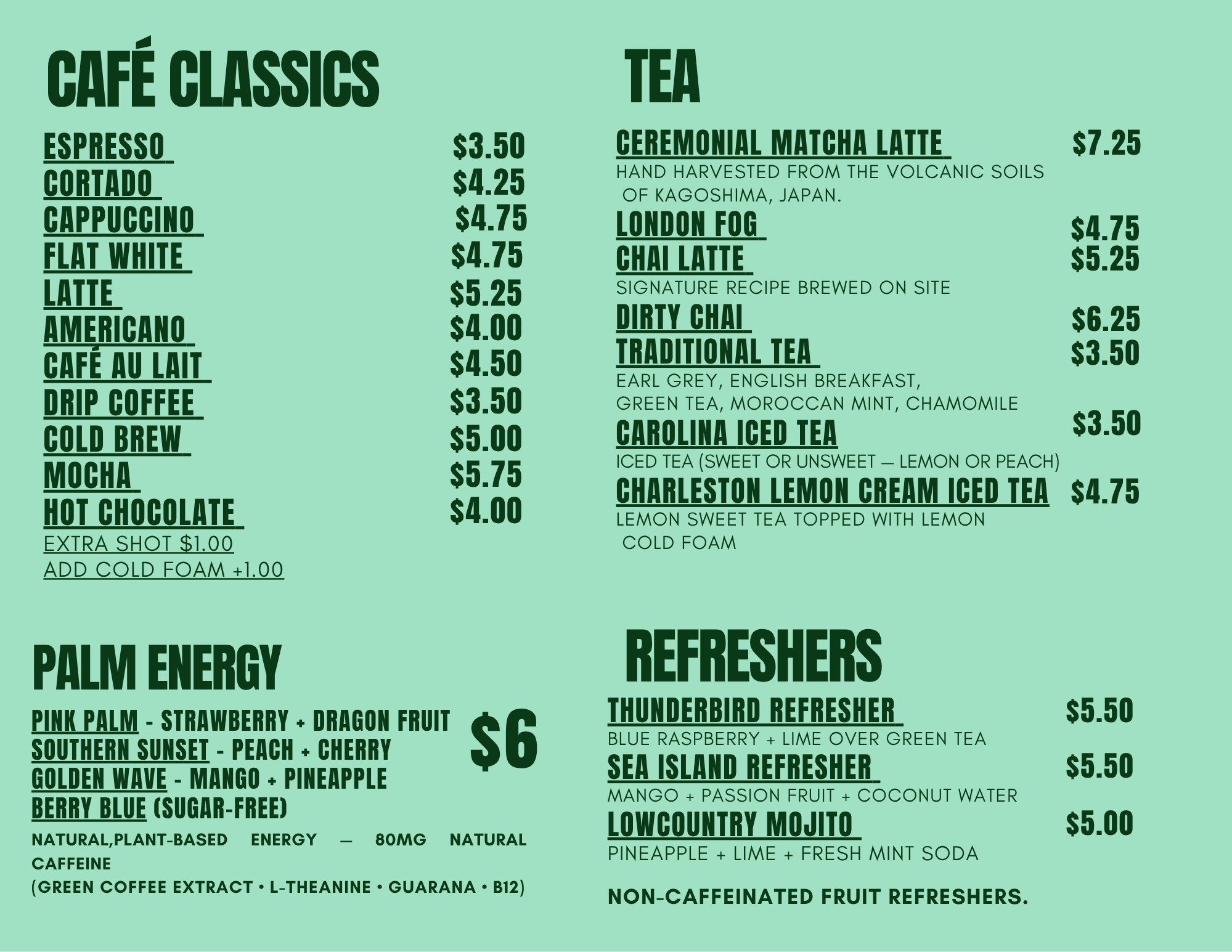 Sweet Palm Coffee & Café drinks menu — café classics, tea, palm energy, and refreshers