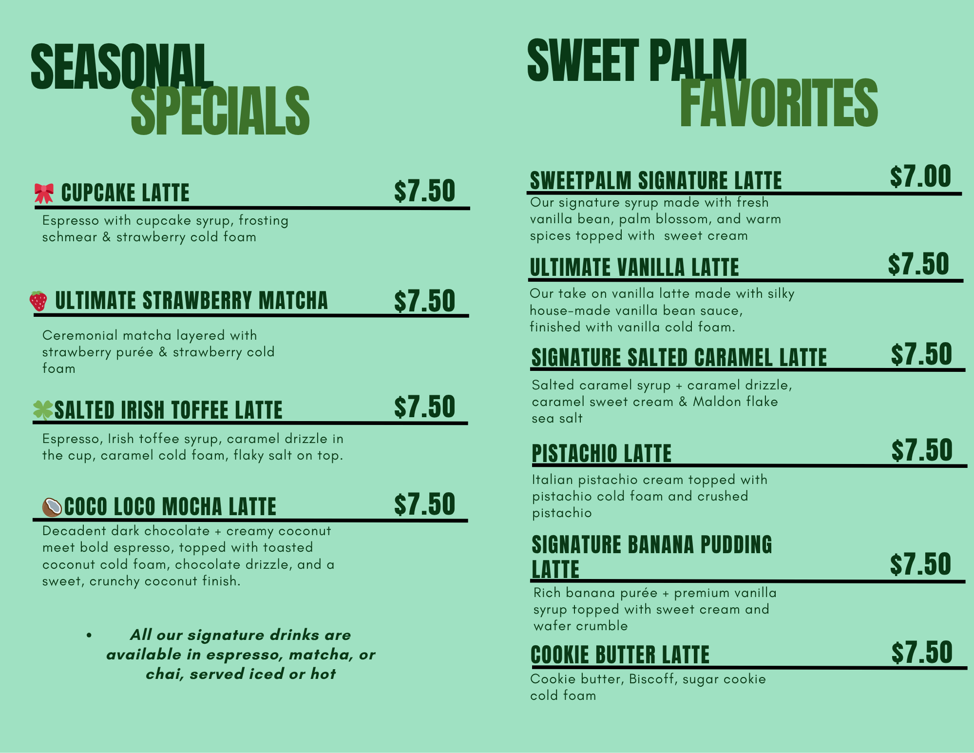 Sweet Palm Coffee food menu — breakfast burritos, sandwiches, caesar wraps, toasties, pastries
